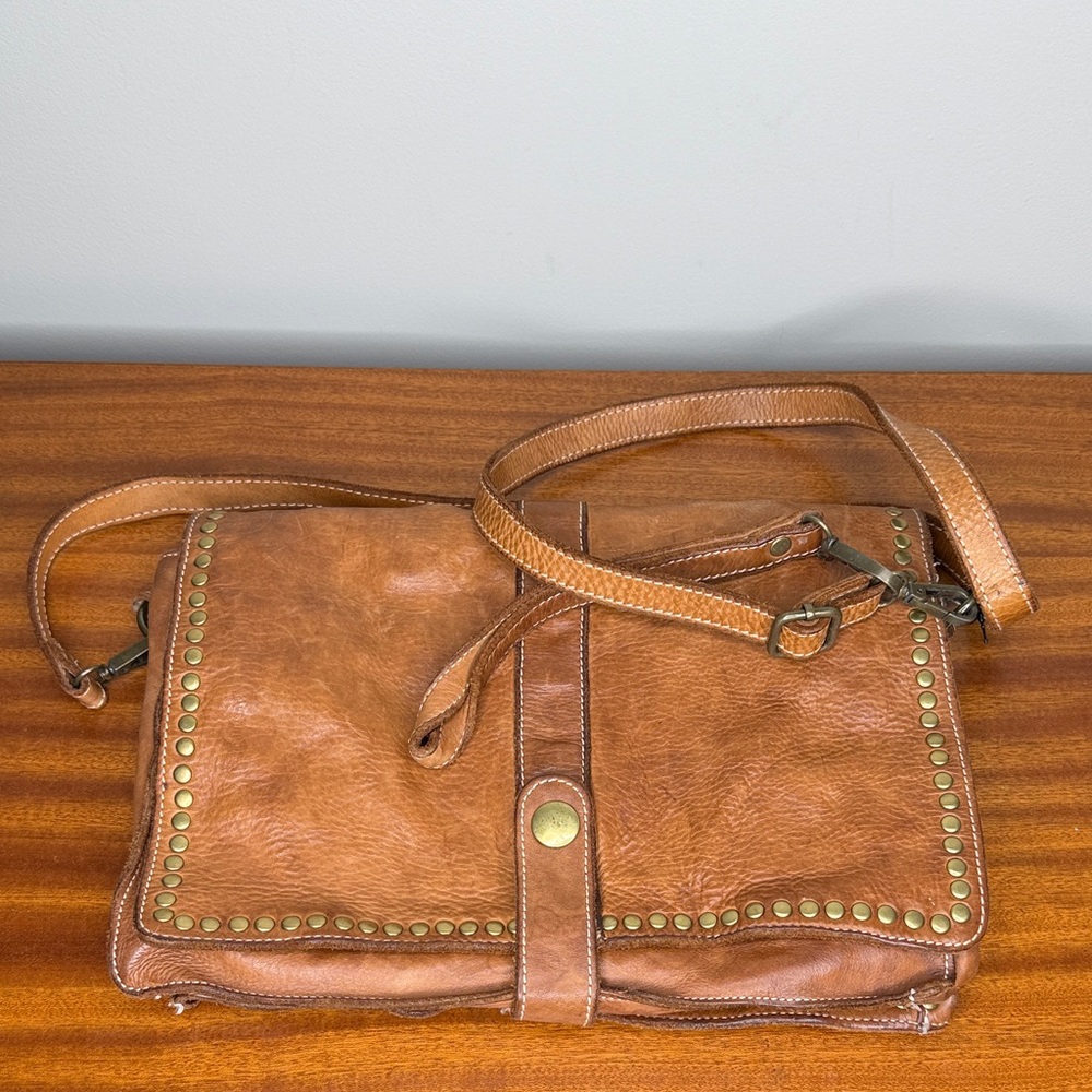 Brown Genuine Leather Convertible Crossbody Wristlet Bag with Stud Accents
